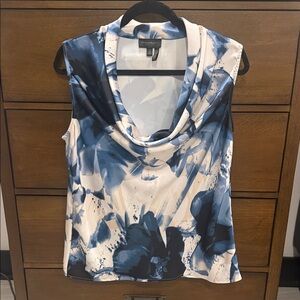 Donna Karen Blue and Cream Cowl Neck Blouse Sz M